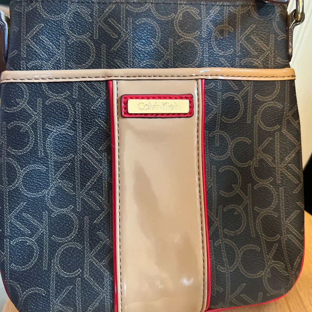 Calvin Klein Monogram Crossbody - Brown with Red Trim